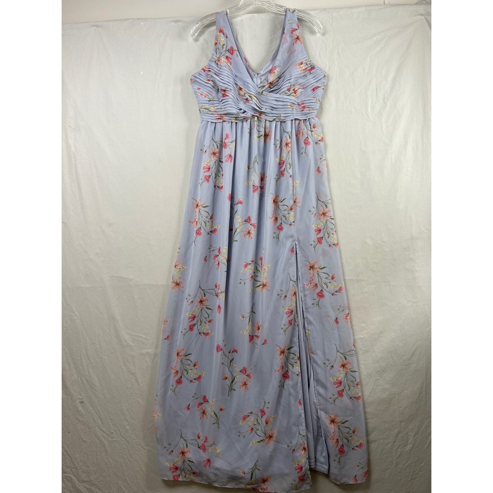 Birdy Grey Floral Maxi Dress Women Large Light Blue V-Neck Pleated Formal Slit